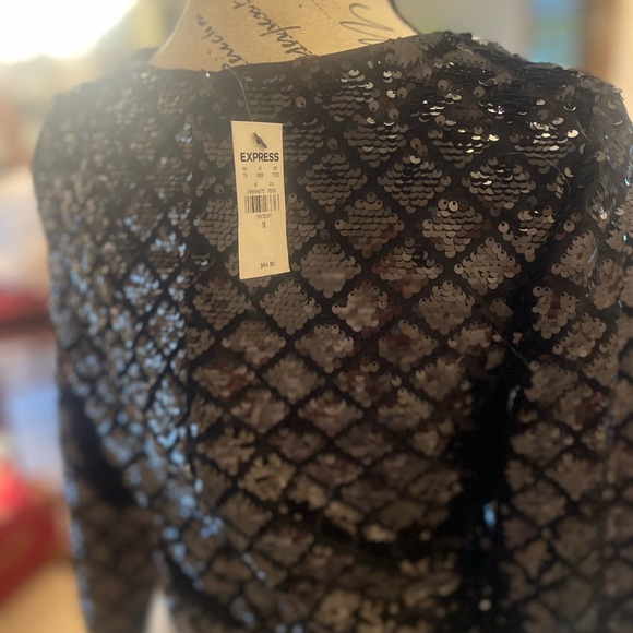 Express Sequin Crop Top Size M Long Sleeve Back Zip Diamond Pattern Top - Picture 4 of 7